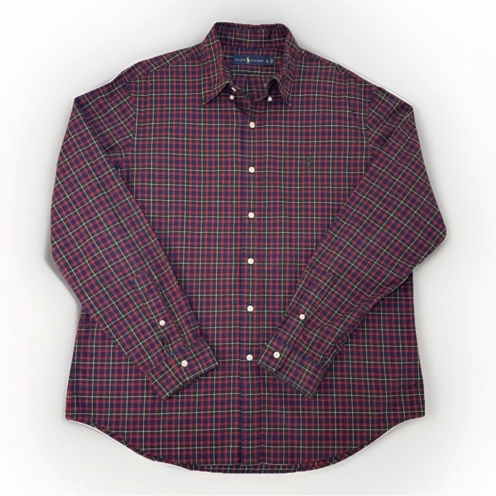 Ralph Lauren Maroon Navy Plaid Button Down Shirt XL Black Pony Polo - Picture 2 of 10